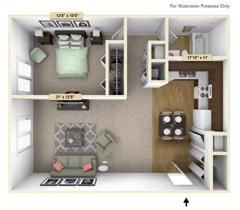 Floor plan for 1 bed, 1 bath, 800 sqft